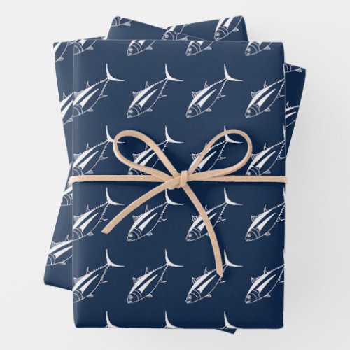 Albacore Tuna in White on Marine Blue in Large Wrapping Paper Sheets