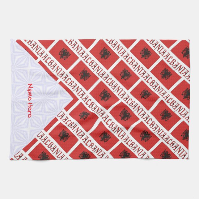 Albania Albanian Flag Tiled Red Personalized  Kitchen Towel (Horizontal)