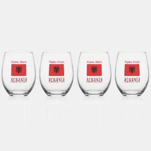 Albania and Albanian Flag Red Personalization Stemless Wine Glass