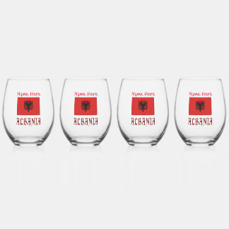 Albania and Albanian Flag Red Personalization  Stemless Wine Glass