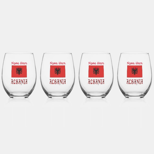 Albania and Albanian Flag Red Personalization  Stemless Wine Glass (Front)