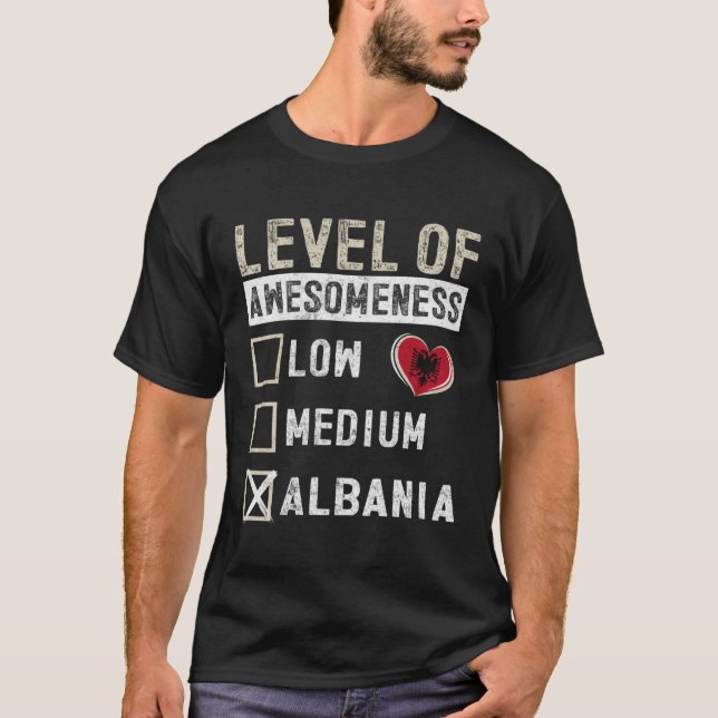 Albania Flag Albanians Level Of Awesomeness T-Shirt (Front)