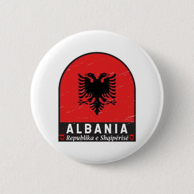 Albania Flag Emblem Distressed Button (Front)