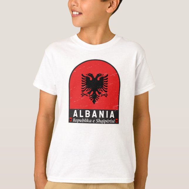 Albania Flag Emblem Distressed T-Shirt (Front)