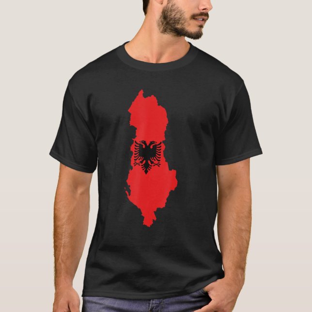 Albania flag in Albania outline Albania T-Shirt (Front)