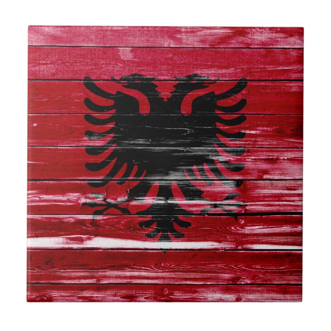 Albania Flag Paint on Wood Ceramic Tile (Front)