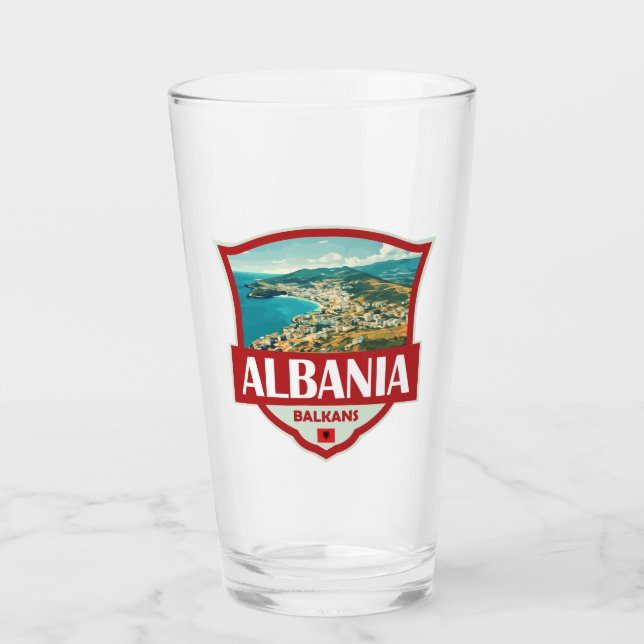 Albania Illustration Retro Badge Glass (Front)