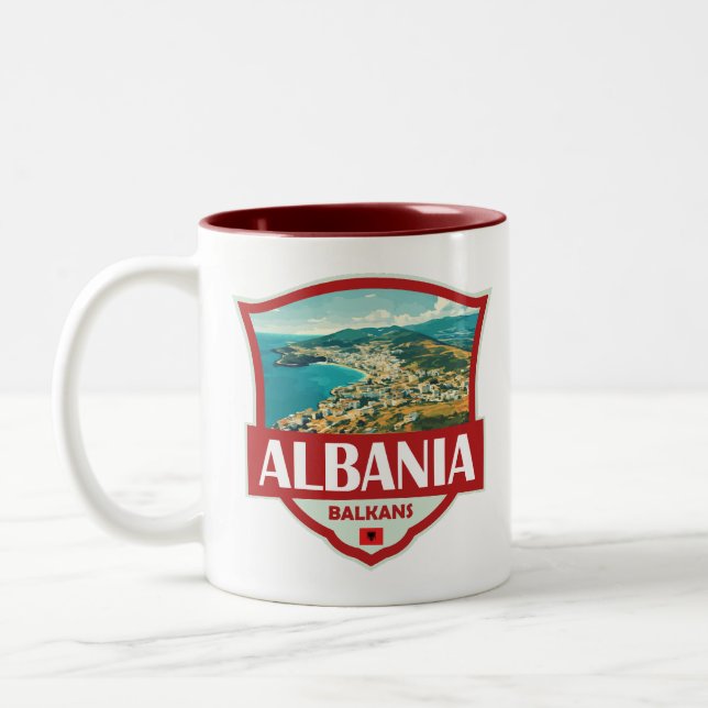 Albania Illustration Retro Badge Two-Tone Coffee Mug (Left)