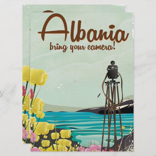 Albania landscape vintage travel poster. (Front/Back)