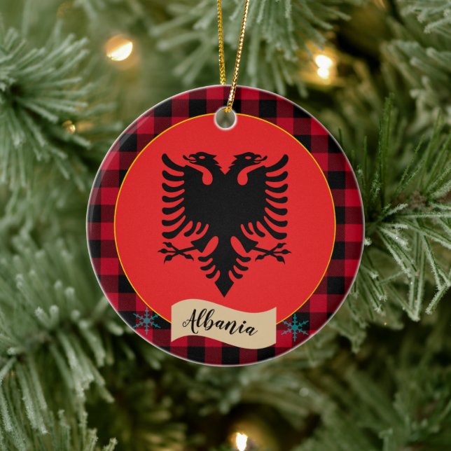 Albania, Red buffalo plaid & Albanian Flag Ceramic Ornament (Tree)