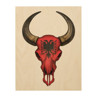 Albanian Flag Bull Skull Wood Wall Decor