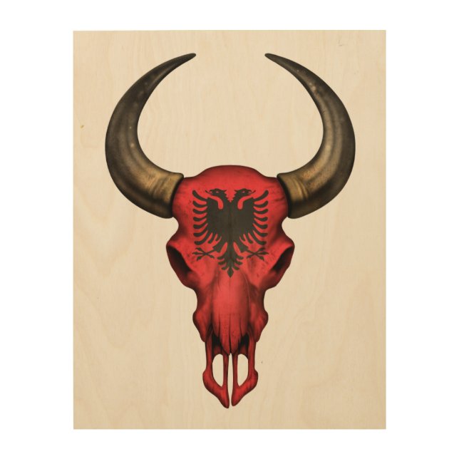 Albanian Flag Bull Skull Wood Wall Decor (Front)