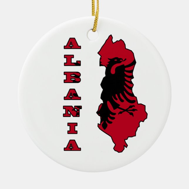 Albanian Flag in Outline Map of Albania Ceramic Ornament (Front)