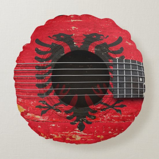 Albanian Flag on Old Acoustic Guitar Round Pillow