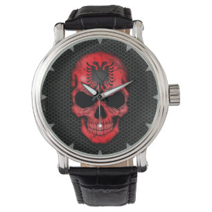 Albanian Flag Skull on Steel Mesh Graphic Watch