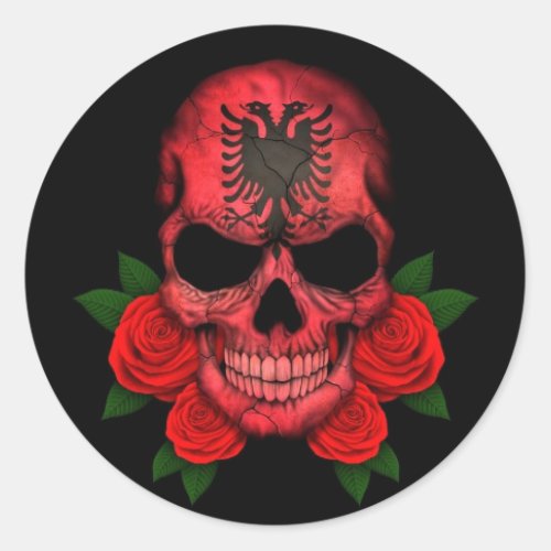Albanian Flag Skull with Red Roses Classic Round Sticker
