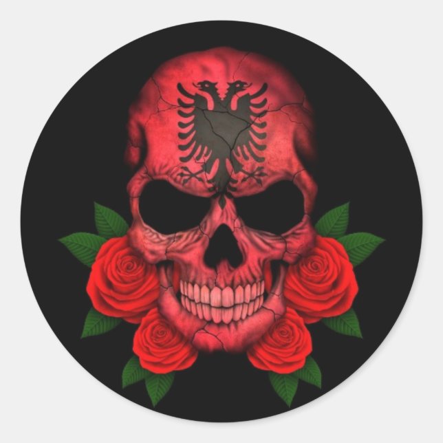 Albanian Flag Skull with Red Roses Classic Round Sticker (Front)