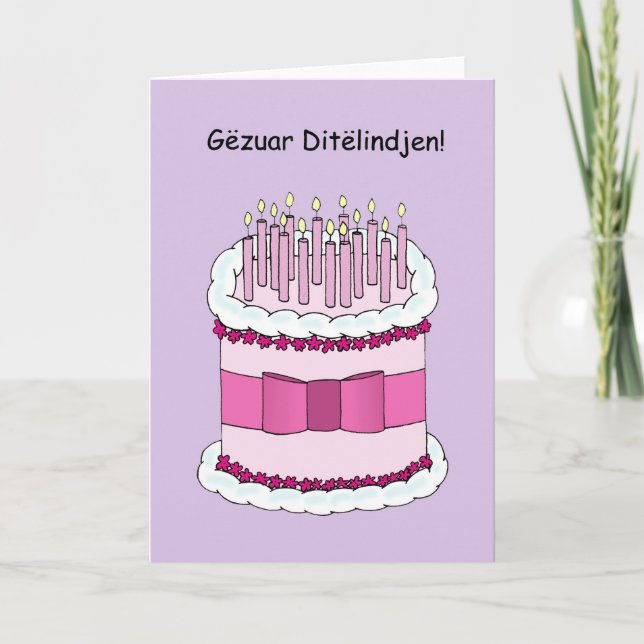 Albanian Happy Birthday Cake and Candles Card (Front)