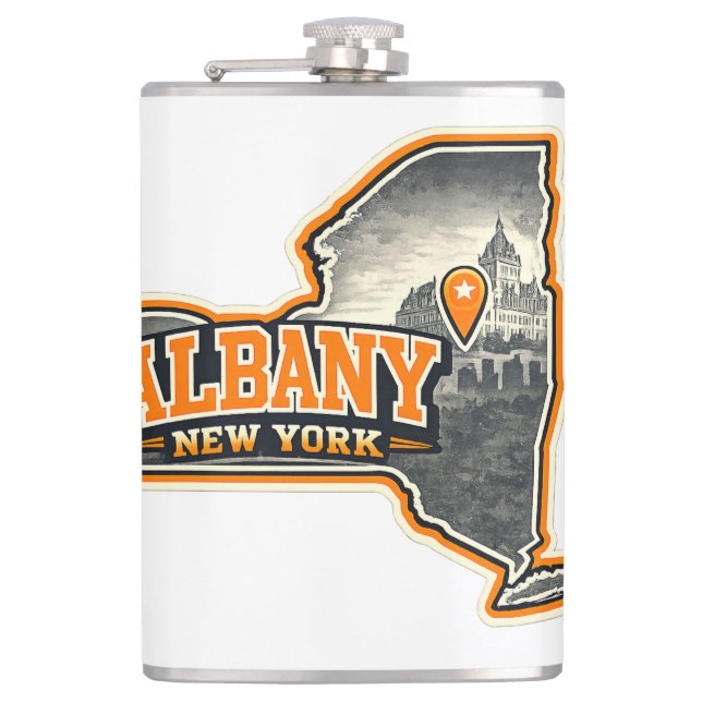 Albany New York State Outline Map Label Design Flask (Front)