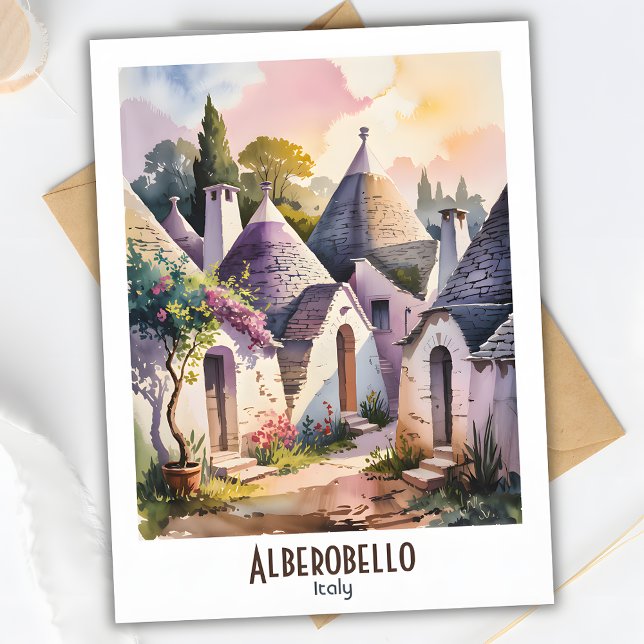 Alberobello Italy Trulli Watercolor – Custom Text Postcard (Alberobello Italy Trulli Watercolor Postcard)