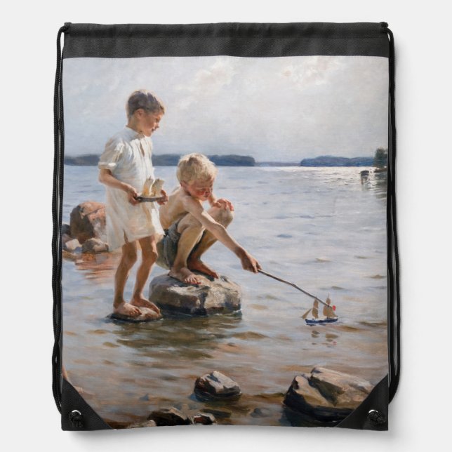 Albert Edelfelt - Boys Playing on the Shore Drawstring Bag (Front)