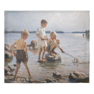 Albert Edelfelt - Boys Playing on the Shore Duvet Cover