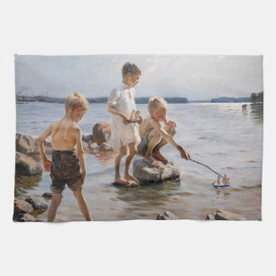 Albert Edelfelt - Boys Playing on the Shore Kitchen Towel