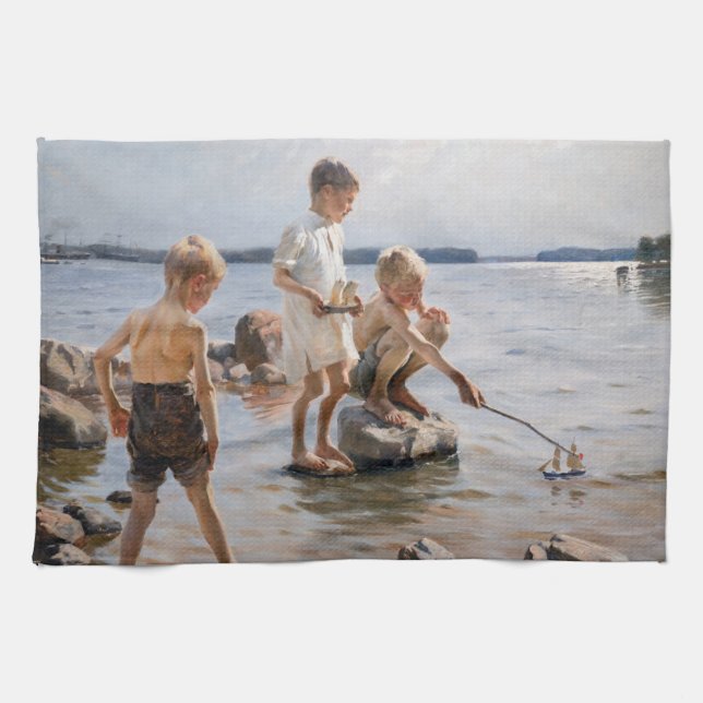 Albert Edelfelt - Boys Playing on the Shore Kitchen Towel (Horizontal)