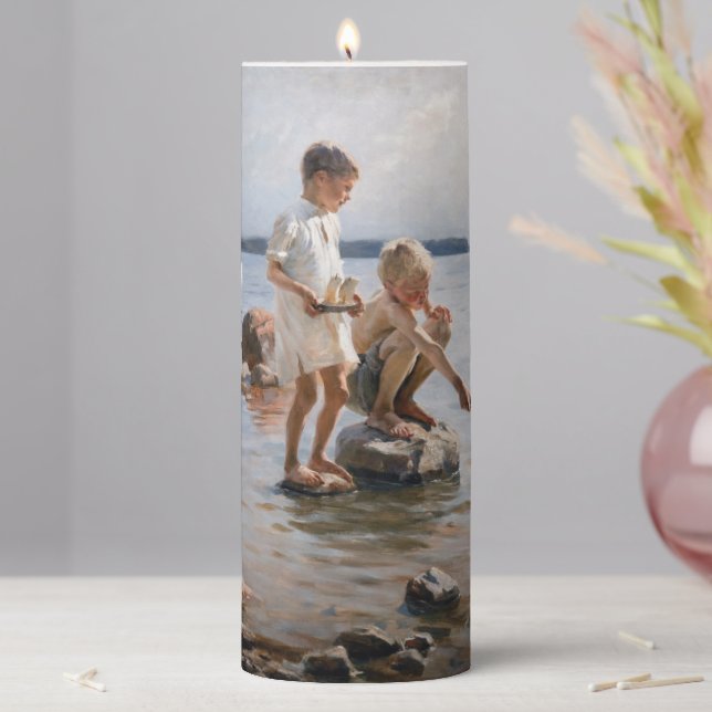 Albert Edelfelt - Boys Playing on the Shore Pillar Candle (In Situ)