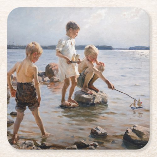 Albert Edelfelt _ Boys Playing on the Shore Square Paper Coaster