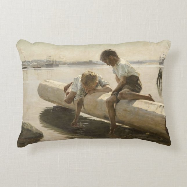 Albert Edelfelt - Two Boys on a Log Accent Pillow (Front)