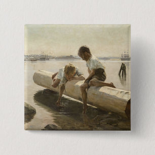 Albert Edelfelt - Two Boys on a Log Button