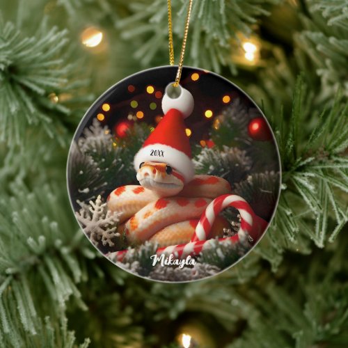 Albino Corn Snake in a Santa Hat Christmas Ceramic Ornament