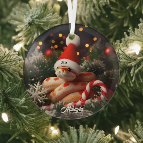 Albino Corn Snake in a Santa Hat Christmas Glass Ornament