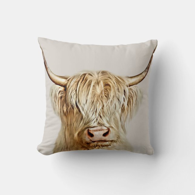 Albino Highland Cow Throw Pillow (Front)