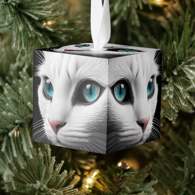Albino White Cat Face Jewel Eyes Cube Ornament (Tree)