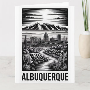 Albuquerque New Mexico Skyline Black White Woodcut Card