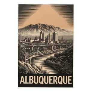 Albuquerque New Mexico Skyline Black White Woodcut Wood Wall Art
