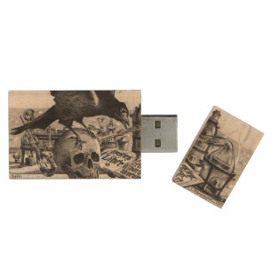 Alchemy Laboratory Raven and Human Skull Wood USB Flash Drive