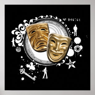  Theatre Masks Gold Foil Art Print. 36 Colours/3 Sizes. Actor  Actress Comedy Tragedy Theatre Poster : Handmade Products