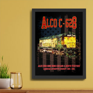 Alco C-628 Diesel Locomotive and American flag Framed Art
