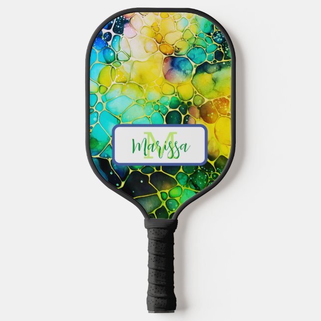 Alcohol and Ink Artsy Green, Blue and Yellow  Pickleball Paddle (Front)