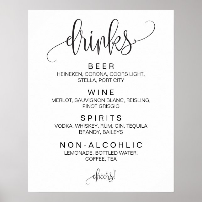 Alcohol Cocktail Drinks Bar Editable Wedding Sign (Front)