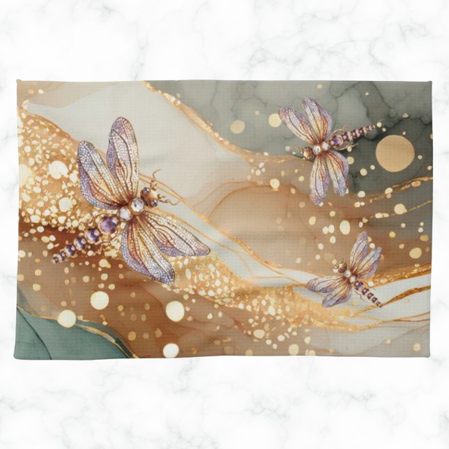 ALCOHOL INK AND JEWEL DRAGONFLY  KITCHEN TOWEL (Alcohol ink and jewel dragonfly kitchen hand towel.  Elegant. Customizable.)