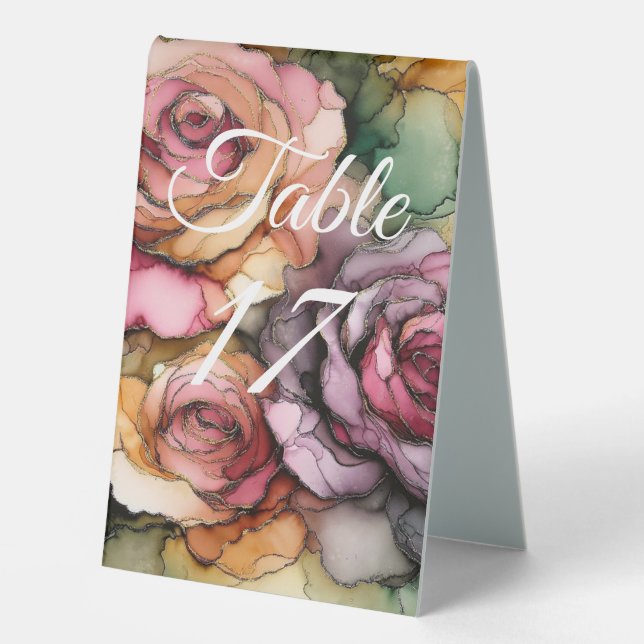 Alcohol ink art, dusky rose, modern floral art table tent (Front)