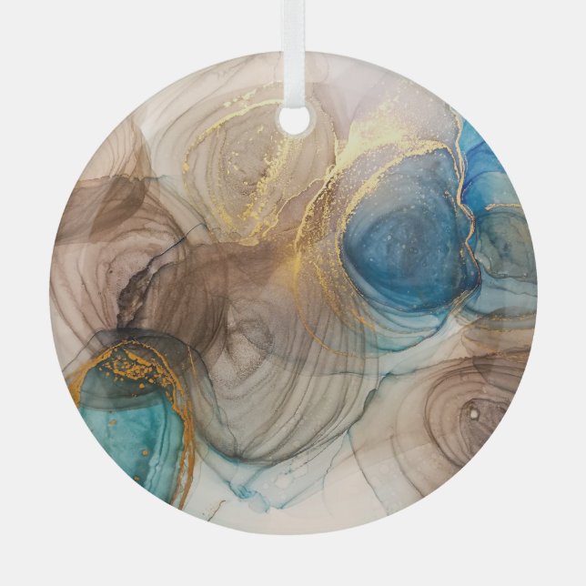 Alcohol Ink, Bleached Mineral Abstract. Glass Ornament (Front)
