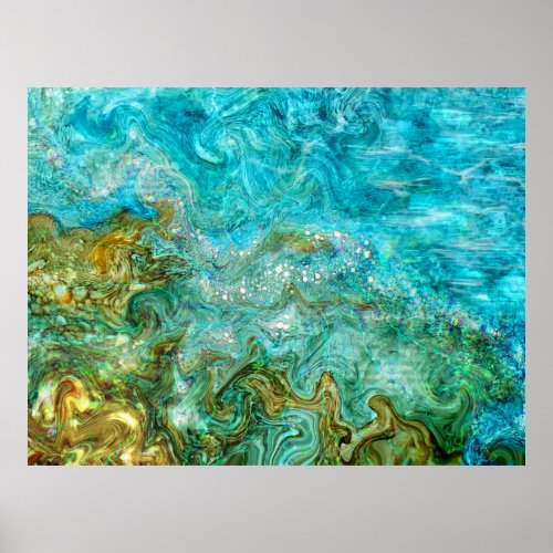Alcohol Ink Digital Painting Water Waves Beach Poster