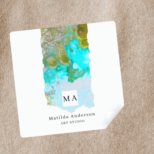 Alcohol Ink Glitter Graphic Artist Studio Monogram Square Sticker (Creator Uploaded)