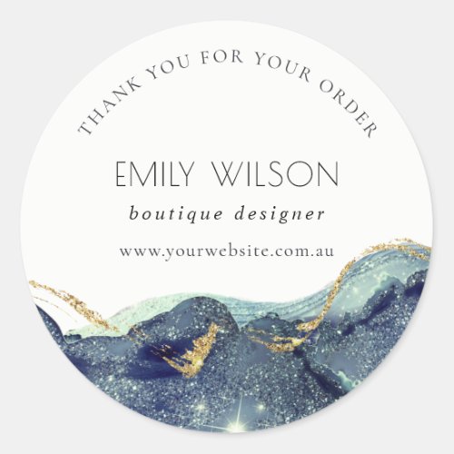 Alcohol Ink  Navy Glitter Thank You for Your Order Classic Round Sticker