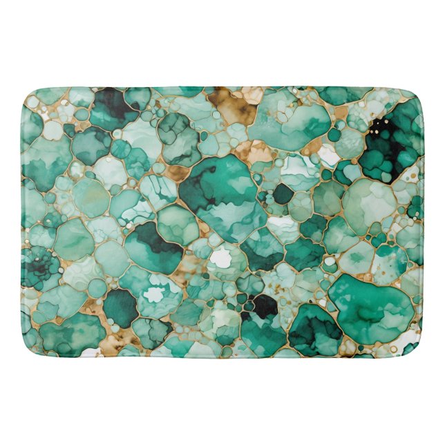 Alcohol Ink Pattern Mint Green Gold Bath Mat (Front)